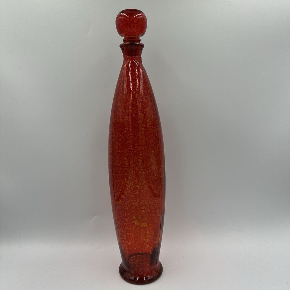 Vintage Murano Style Art Glass Decanter Red Orange Bubble Glass Genie Bottle